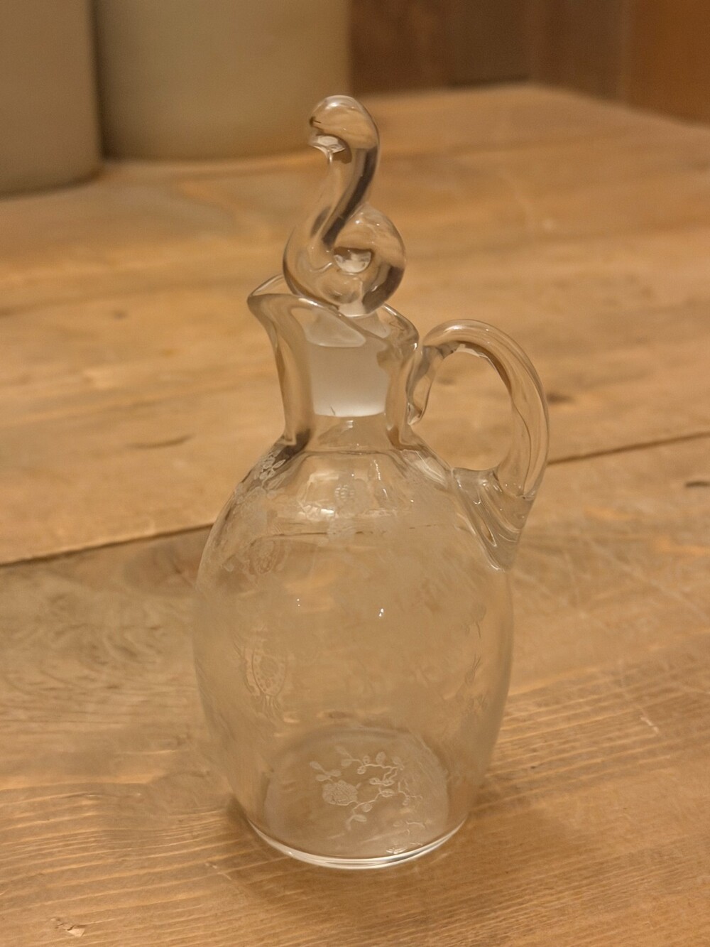 Vtg Cambridge Glass Chantilly Etched Crystal Cruet Bottle Flame Stopper 3900/100
